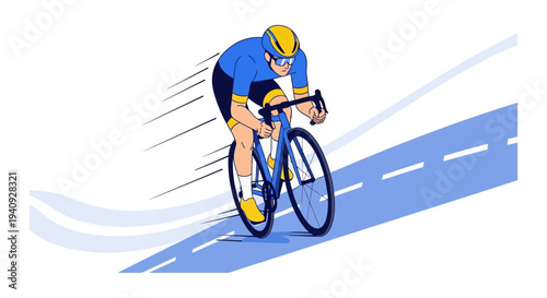 Cyclist racing uphill in aerodynamic pose, speed lines, blue and yellow sportswear