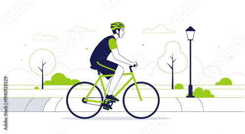 Cyclist riding a bicycle on a park path with trees and lamppost, healthy lifestyle
