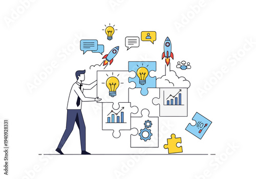 Business Man Building Strategy Puzzle Pieces With Growing Charts And Launching Rockets Representing Startup Growth And Ideas