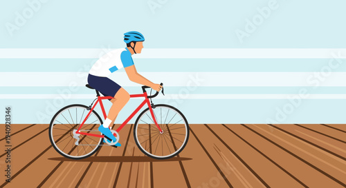 Cyclist riding a red bicycle on a wooden deck with a blue sky background