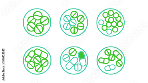 Outline medical icons featuring capsules, tablets, and pharmaceutical pills in circular frames.