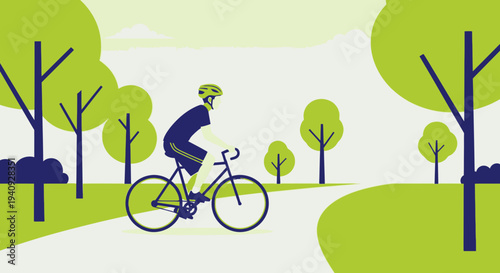 Cyclist Riding Bicycle on Park Path Surrounded by Green Trees and Nature