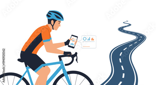 Cyclist using smartphone app for fitness tracking on winding road