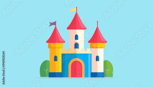 Colorful Cartoon Castle Illustration on Light Blue Background