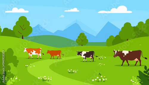 Cows Grazing in a Rural Pasture with Mountain View