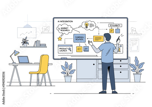 Business professional planning strategy on interactive digital whiteboard in modern office with laptop and workspace organized for success