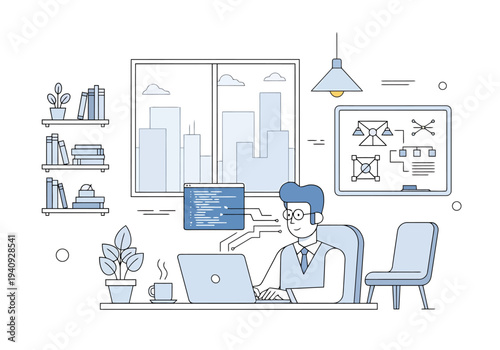 Programmer working on laptop in modern office with city view and flowchart diagram on whiteboard