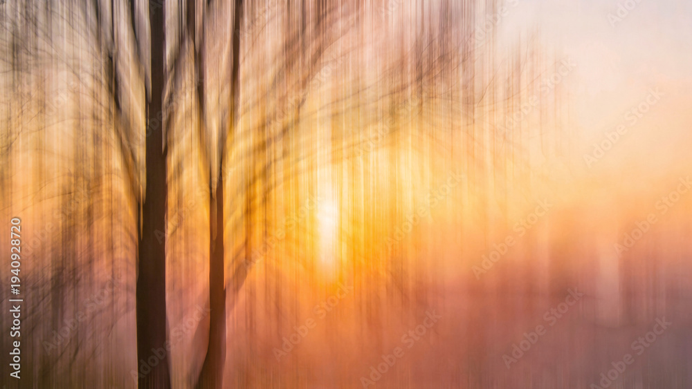Fototapeta premium Ethereal soft-focus abstract texture with blurred light streaks and vertical flowing patterns transitioning to warm sunset tones of gold, amber, and soft peach. Dreamy high-key lighting creates a...