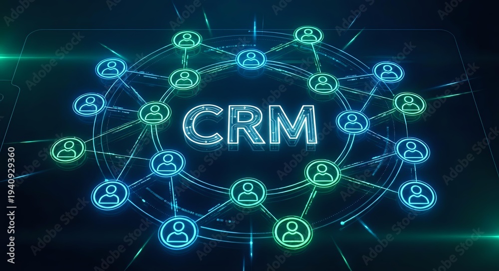 Fototapeta premium CRM customer relationship management concept with glowing network of connected user icons on dark digital background for business technology solutions.