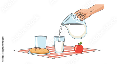 A hand pours milk from a pitcher into a glass on a table with a red checkered tablecloth, alongside bread, an apple, and another glass.