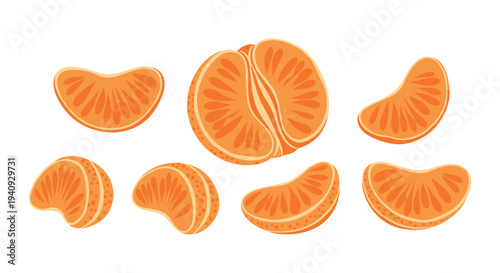 A collection of seven vibrant tangerine pieces, including one whole peeled fruit and six individual segments, are scattered on a white background.