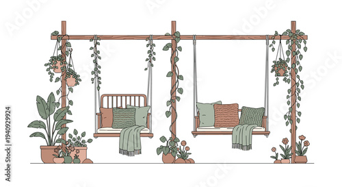 Two rustic wooden porch swings with cushions and blankets, beautifully decorated with potted plants and climbing vines, set against a white background.
