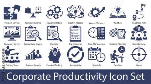 Corporate Productivity and Business Strategy Icon Set, Problem Solving, Workflow, Checklist, Brainstorming, Planning, Growth and Focus Flat Vector Icons