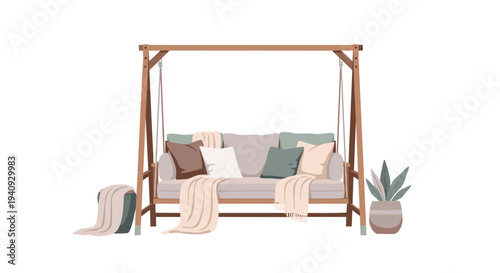 A comfortable wooden porch swing with cushions and blankets, accompanied by a potted plant, suspended from an A-frame on a white background.