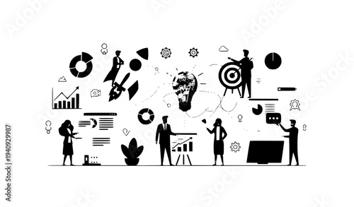 Creative startup ecosystem banner with innovation rocket team collaboration and digital marketing concept vector