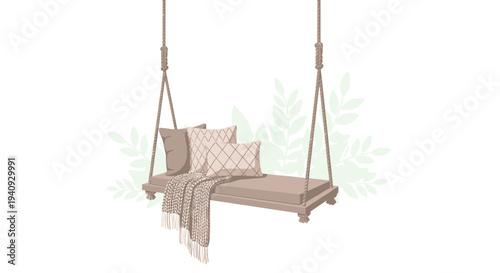 A minimalist wooden swing bed with a mattress, pillows, and a knitted blanket, suspended by ropes, with faint leaves in the background.
