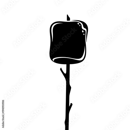 Black and white illustration of a marshmallow on a stick, ready to roast.