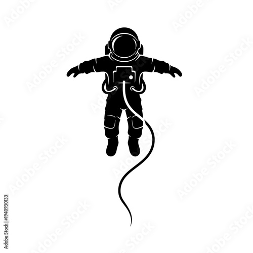 Astronaut floating in space with arms outstretched, black and white illustration.