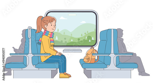A young girl with a ponytail sits comfortably on a blue train seat, looking out at a scenic green landscape through the window.