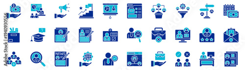 Employment dual tone style icon collection. Vector illustrations. Incentive, Training, Megaphone, Ladder, Presentation, Job offer, Growth, Funnel. Pro Vector