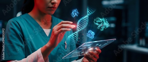 Female healthcare professional using tablet with holographic DNA and molecular structures in modern medical laboratory setting for genetic research.