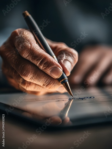 Close-up of senior person's hand holding a pen writing on paper with detailed focus and soft background for creative or professional scene