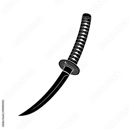 Black and white illustration of a Japanese katana sword on white background.