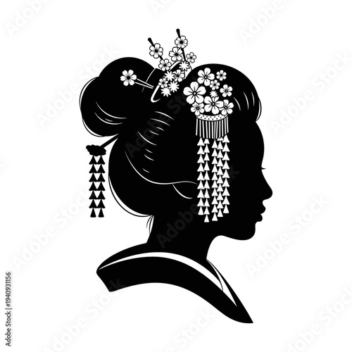 Elegant silhouette of a Japanese geisha with traditional hairstyle and ornaments.