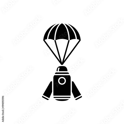 Black silhouette illustration of a spacecraft with a parachute for landing.