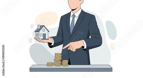 Businessman holding house and coins, real estate investment and financial growth concept