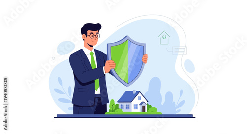 Businessman protecting house with shield, home insurance, security, safety, real estate concept