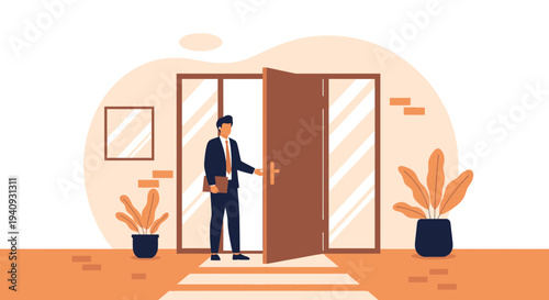 Businessman Opens Door to New Opportunities, Entering Office Building