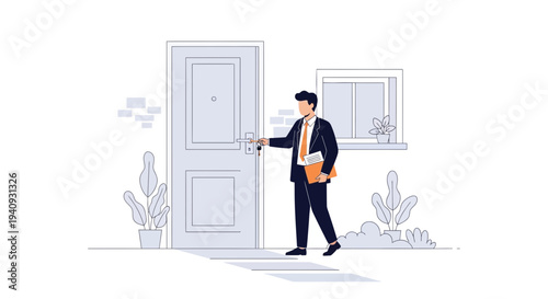 Businessman knocking on a door, holding documents, representing opportunity and business visit