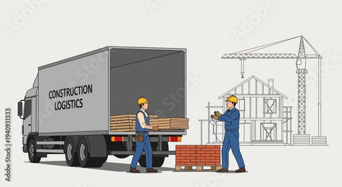 Construction logistics: workers unload building materials from truck at construction site with house blueprint