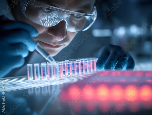 Close-up of scientist working with test tubes and microplate in laboratory, conducting experiments in a high-tech scientific research environment
