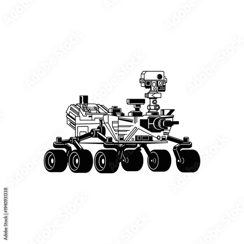 Black and white illustration of a Mars rover exploring the planet's surface.