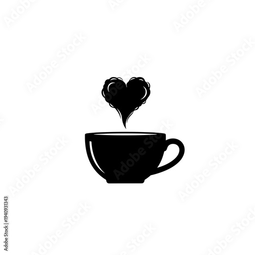 Black coffee cup with heart-shaped steam, love concept, isolated on white.