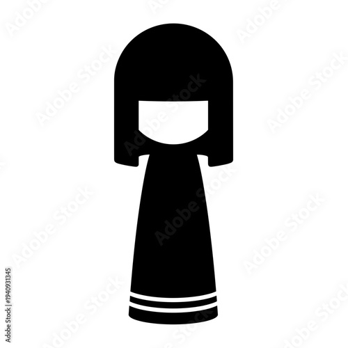 Minimalist black and white illustration of a Japanese Kokeshi doll, vector design.