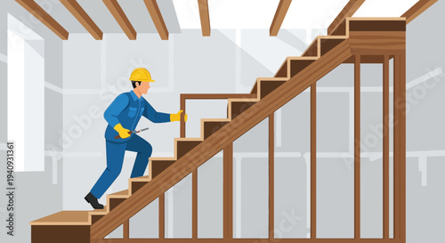 Construction worker building wooden stairs in unfinished house interior