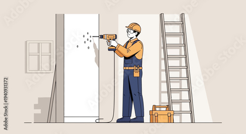 Construction worker drills hole in wall, ladder and toolbox nearby, home renovation concept