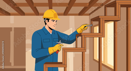 Construction worker in hard hat and gloves applying sealant to wall frame