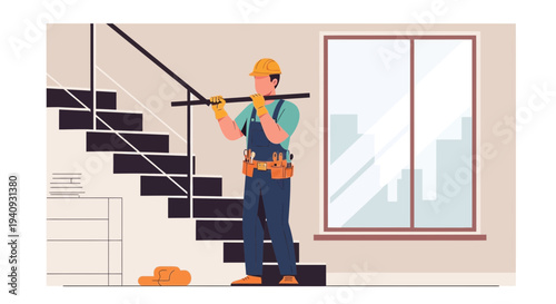 Construction worker installing handrail on stairs, renovation, safety, building maintenance