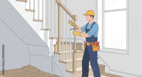 Construction worker installing banister on staircase, home renovation, DIY, safety