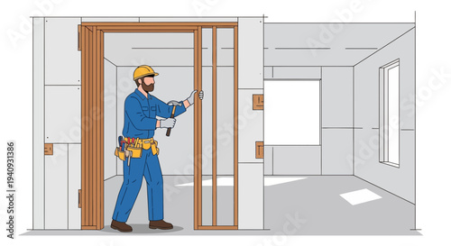 Construction worker installing interior door frame in unfinished room
