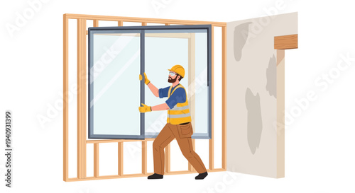 Construction worker installing a new window in a wooden frame house