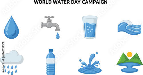 A campaign graphic displays waterrelated illustrations including a drop faucet glass wave cloud bottle splash and lake