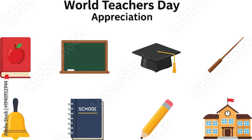A graphic for World Teachers Day It shows school items like a book blackboard and a school building
