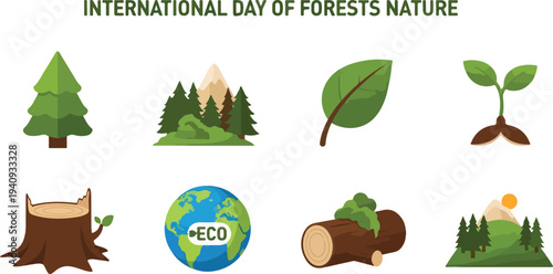 An illustration with forestthemed icons A tree mountains leaves seedlings a stump globe log and sunlit landscape