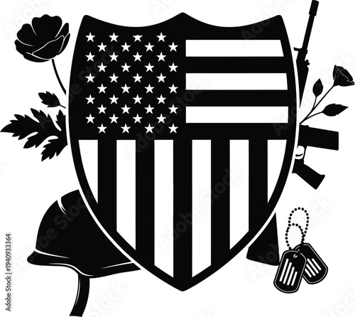 Memorial day tribute with patriotic shield and american flag