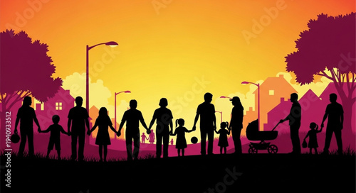 Silhouette family walking together holding hands at sunset.